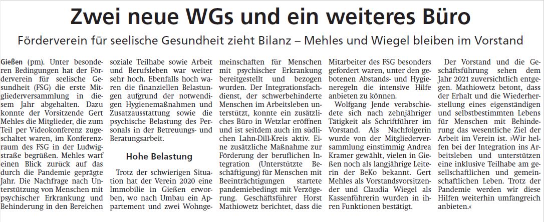 2021 09 02 Giessener Allgemeine Zwei neue WGs und ein weiteres Buero