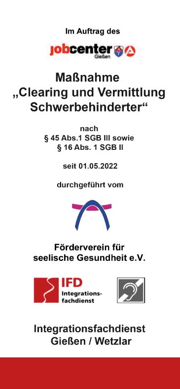 Flyer Massnahme Clearing und Vermittlung Schwerbehinderter FSG Jobcenter Giessen 2022